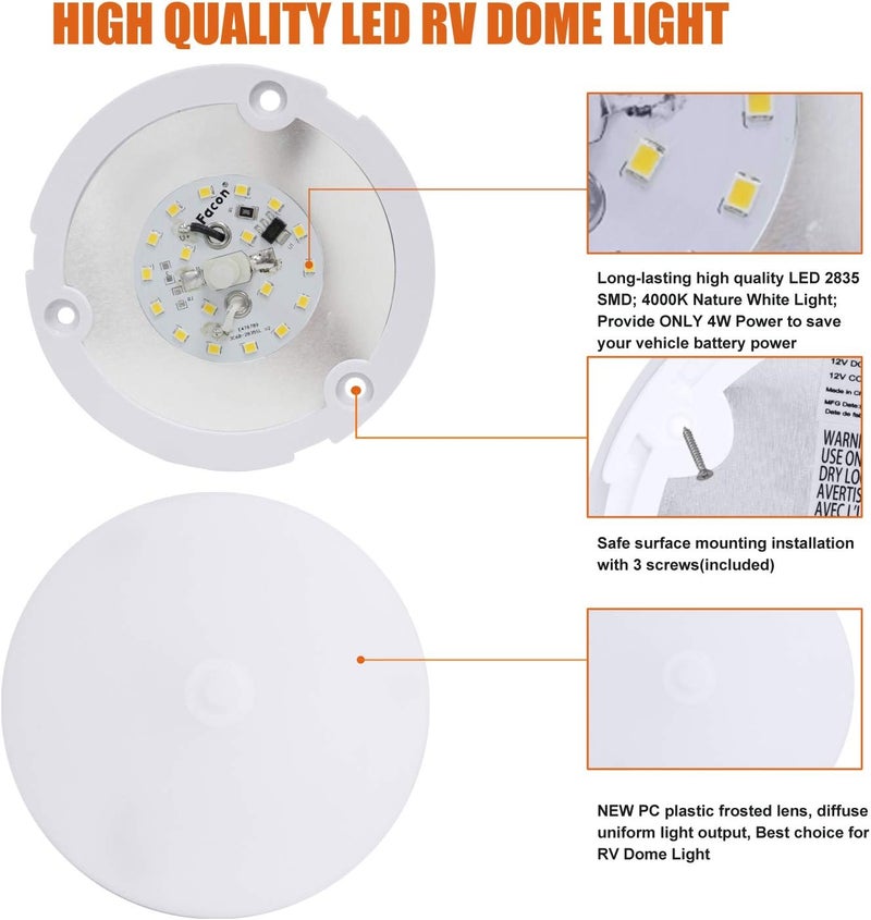 FACON 2-Pack Ultra Slim 4.5'' 12V RV Puck Lights w/Switch, SY-SM45 4000K Cool White LED Interior Lights for RVs, Camper Van, Boats, 12V Dome Light Fixture – cETL Certified - Image 4
